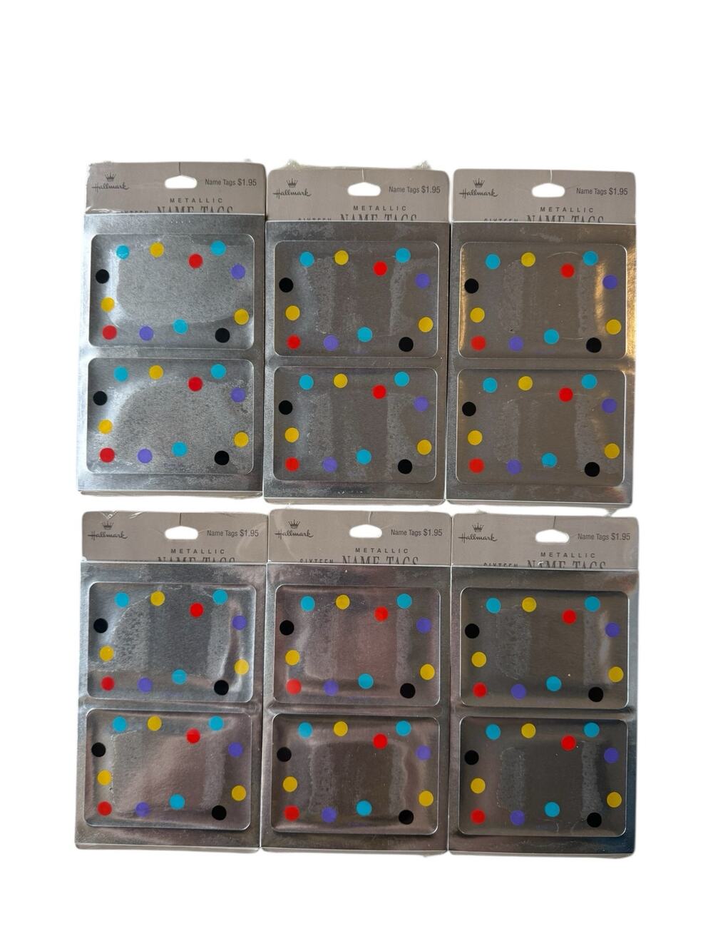 Vintage *NEW* HALLMARK Silver Metallic Polka Dot Name Tags 16 per pack 6 packs